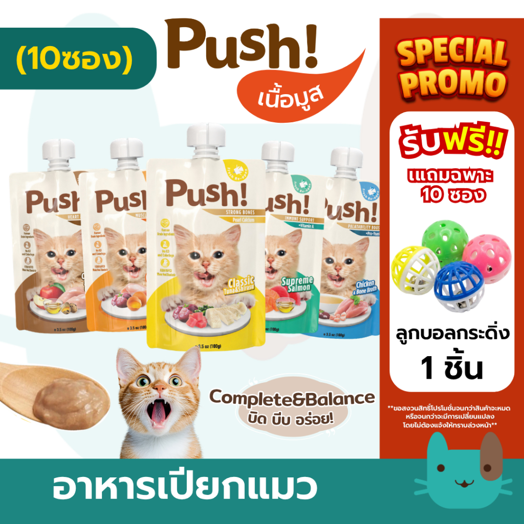 Push (10ซอง) อาหารเปียกแมวพุช เนื้อมูส Complete & Balanced กินเป็นมื้อหลักได้ สารอาหารครบถ้วน