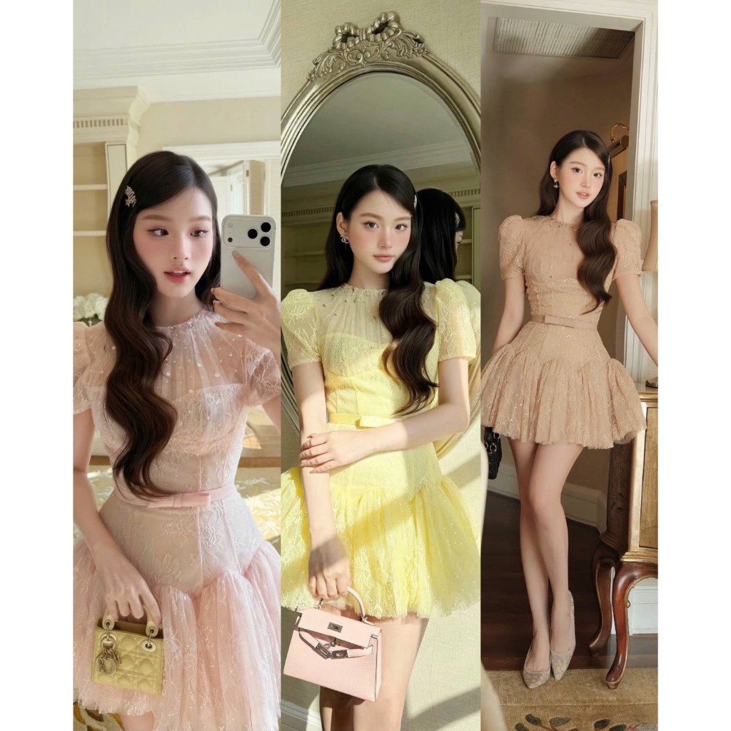 ChouChou Brand: มินิเดรสลูกไม้แขนตุ๊กตา ผ้าตาข่ายดีเทลปักเพชรเลื่อม (พร้อมเข็มขัดโบว์ผ้า)