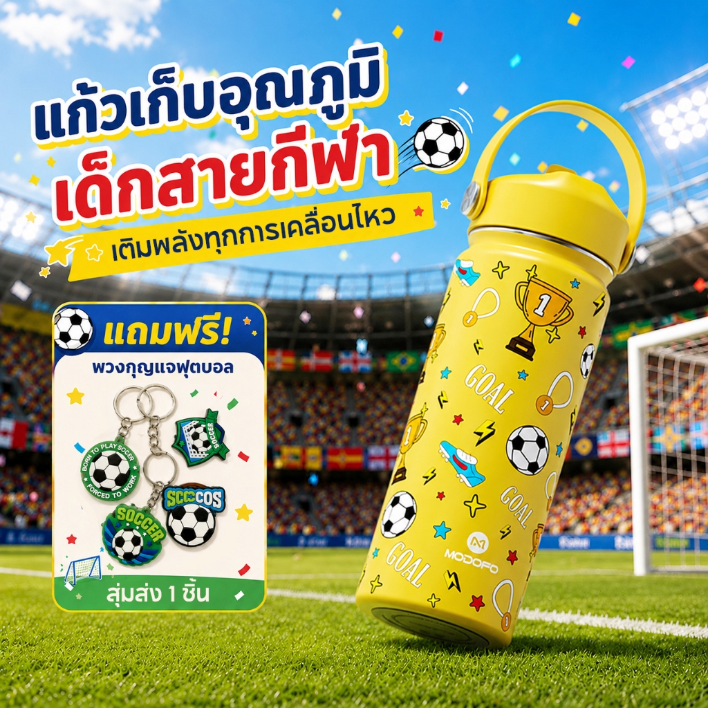 [⚽แถมพวงกุญแจฟุตบอล]MODOFO 530ml แก้วเก็บความเย็น กันรอย แก้วเก็บความเย็นเด็กไปโรงเรียน พกง่าย กระติกน้ำพร้อมหลอด ไม่รั่