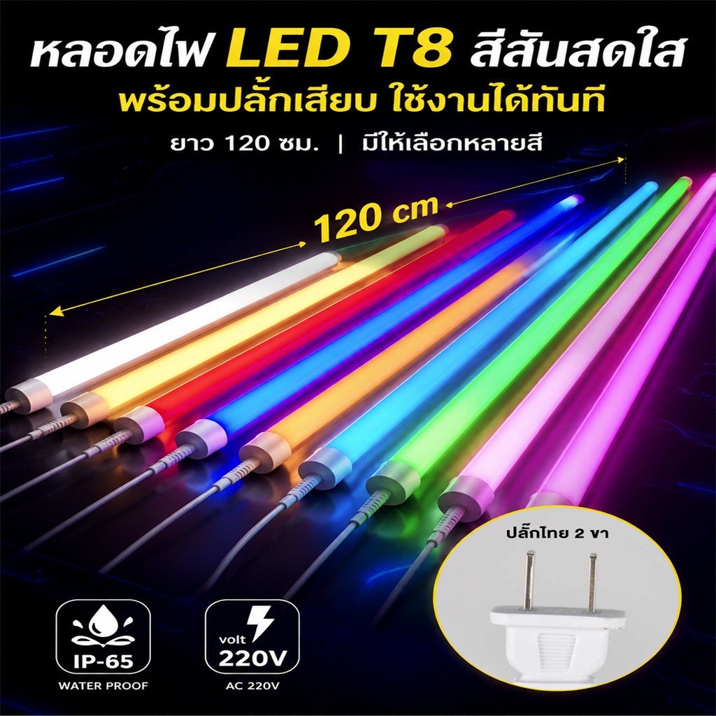 หลอดไฟสีกันน้ำ ไฟงานวัด ไฟประดับ หลอดไฟสี led 18W ยาว 6/12ชุด AC 220v มีปลั๊กเสียบในตัว พร้อมใช้งาน