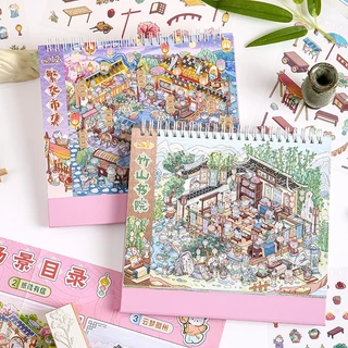 ภูมิทัศน์สติกเกอร์โบราณ Survival Guide Series Miniature ฉากคอลเลกชันสไตล์จีนกระท่อมสามมิติ