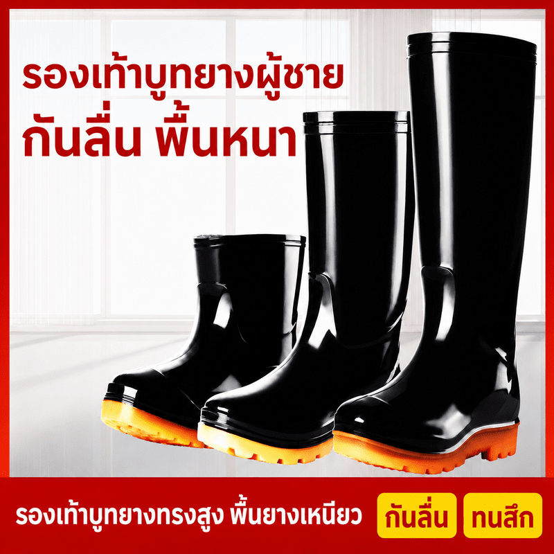 รองเท้าบูทยางกันฝนผู้ชาย ทรงสูงพื้นหนา กันน้ำ กันลื่น ทนสึก สำหรับทำงาน เกษตร ล้างรถ ประมง