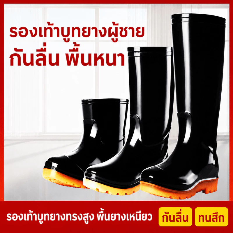 รองเท้าบูทยางกันฝนผู้ชาย ทรงสูงพื้นหนา กันน้ำ กันลื่น ทนสึก สำหรับทำงาน เกษตร ล้างรถ ประมง