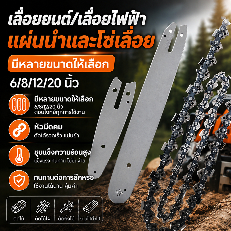 โซ่เลื่อยยนต์ คมและทนทาน มีให้เลือกหลายขนาด (6/8/12/20 นิ้ว) เหมาะสำหรับเลื่อยยนต์เบนซิน/ไฟฟ้าสำหรับงานตัดไม้