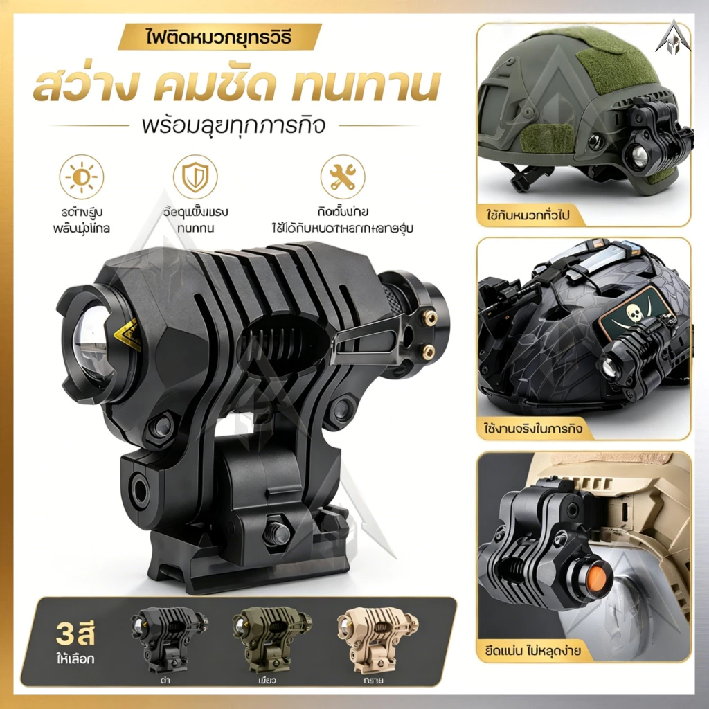【จัดส่งจากกรุงเทพฯ】คลิปไฟฉายหมวกยุทธวิธี รองรับหลายมุม ติดตั้งหมวก FAST HELMET ช่องข้างพร้อมสไลเดอร์
