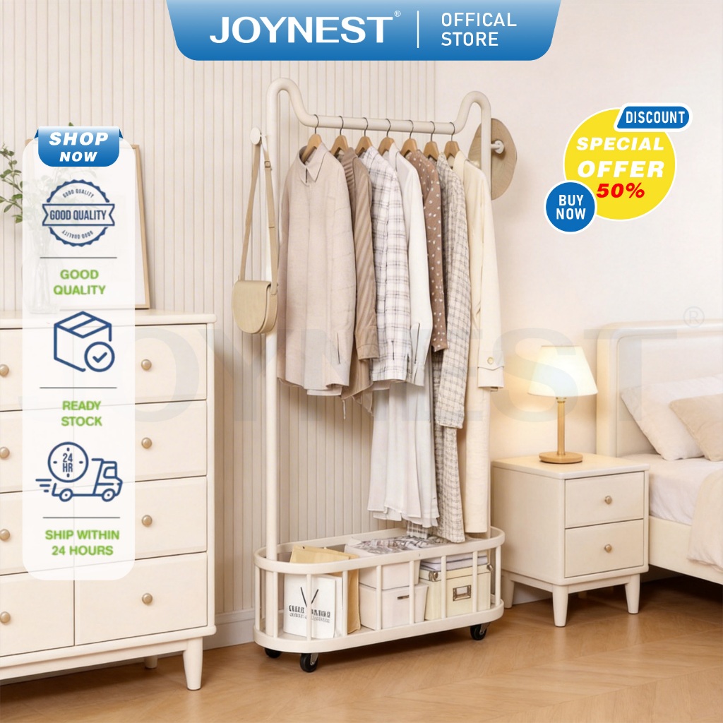 JOYNEST ราวแขวนเสื้อผ้าเหล็ก มีล้อเลื่อน พร้อมตะกร้า เคลื่อนย้ายได้ แข็งแรง ทนทาน ชั้นวางจัดระเบียบอเนกประสงค์