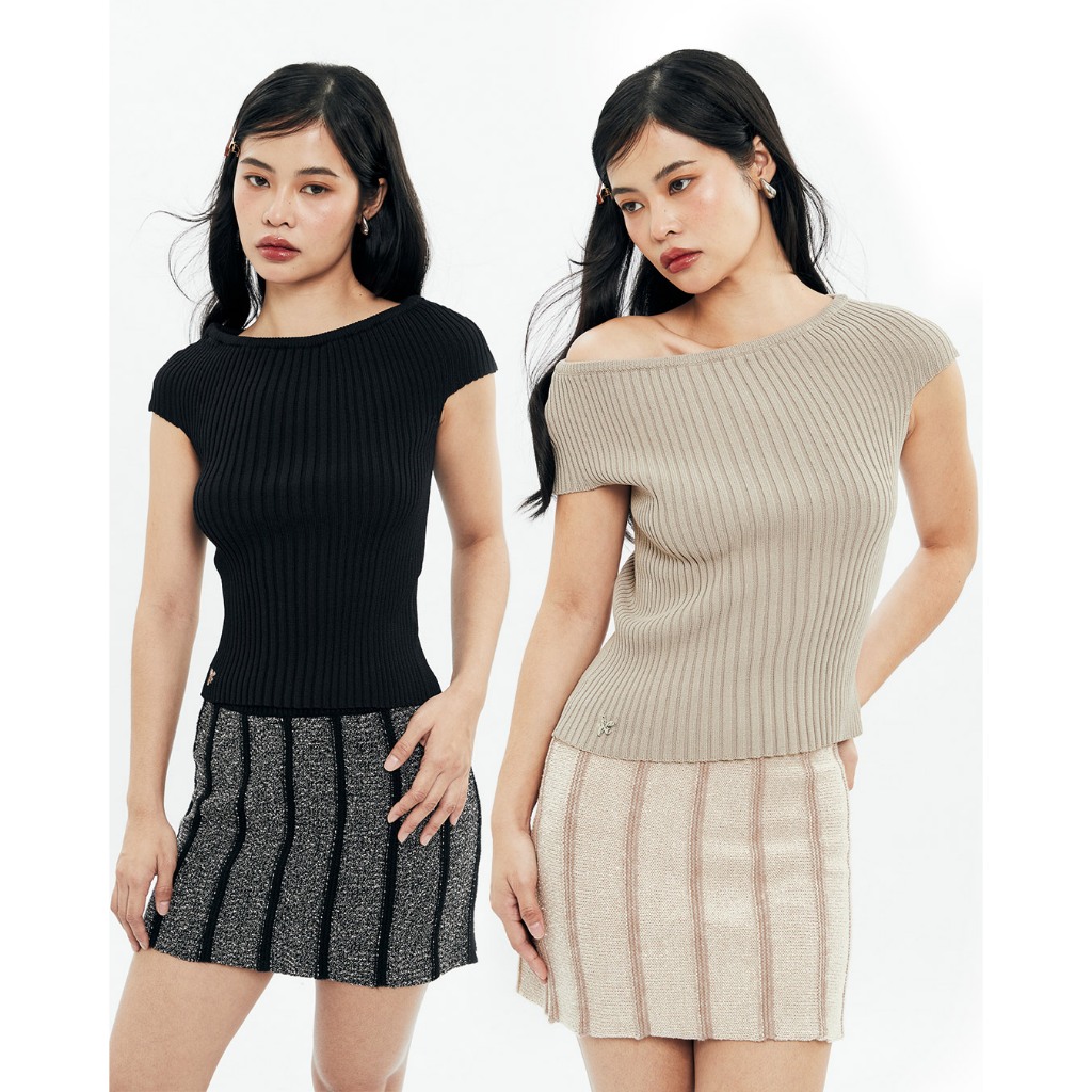 CUPPA - BISCUIT Knit Top (2 สี) เสื้อคอปาดไหมพรม ลายทอ Rib 3 ระดับ เก็บทรง จัดให้เป็นทรงไหล่ตกได้ ลา