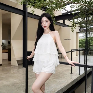 set 2 ชิ้น เสื้อคล้องคอระบาย 2 ชั้น + กางเกงขาสั้น TT23028