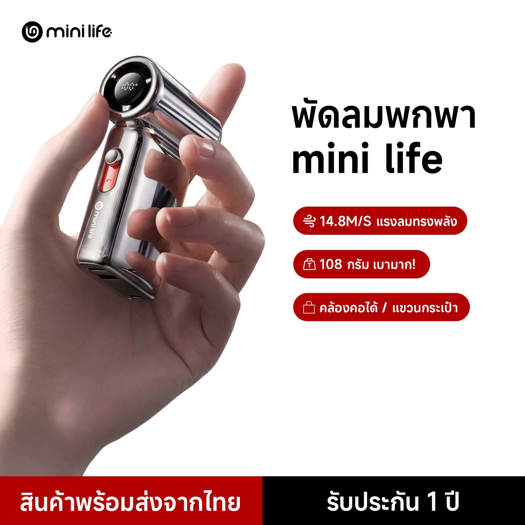 minilife พัดลมพกพา หน้าจอ LED พัดลมเทอร์โบ 40000RPM ลมแรง 108g น้ำหนักเบา แบตอึด USB-C พัดลมมือถือ ขนาดเล็ก Handheld Fan