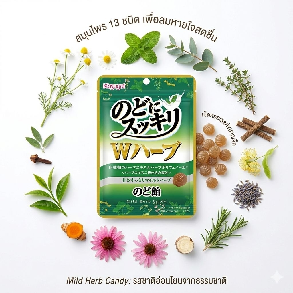 ลูกอมช่วยทำให้ชุ่มคอ มีสารสกัดจากสมุนไพร13 ชนิด Kasugai Herb Candy 91g  ลูกอมจากญี่ปุ่น 37960