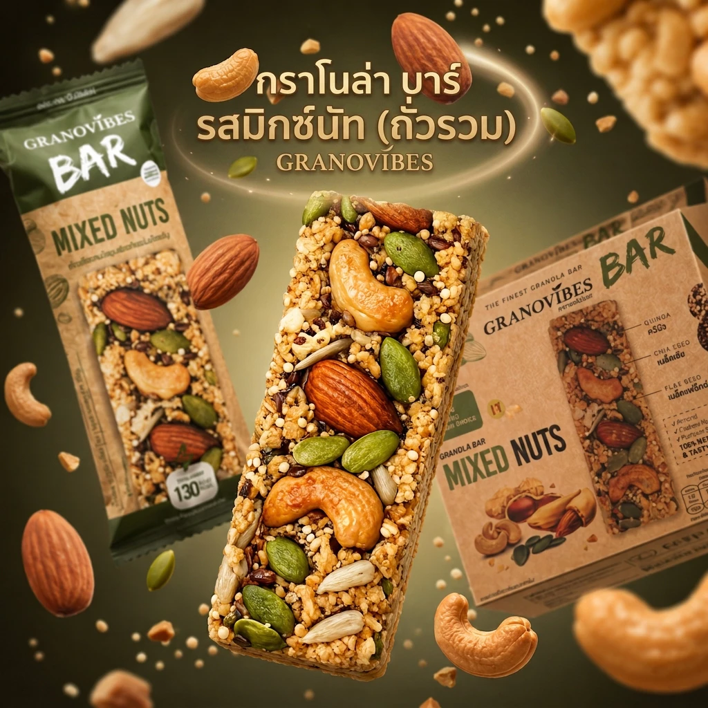 [เจ💛] Granovibes Bar กราโนล่า ชนิดแท่ง รสมิกซ์นัท 1กล่อง บรรจุ 6 บาร์