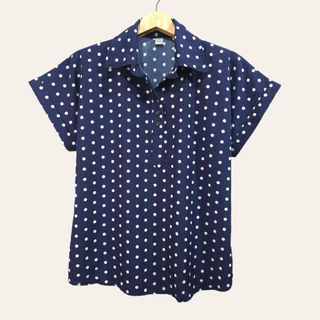 (อก 44”) เสื้อคอปก เเขนสั้น ลายจุด ผ้าไหมอิตาลี ไม่ต้องรีด
