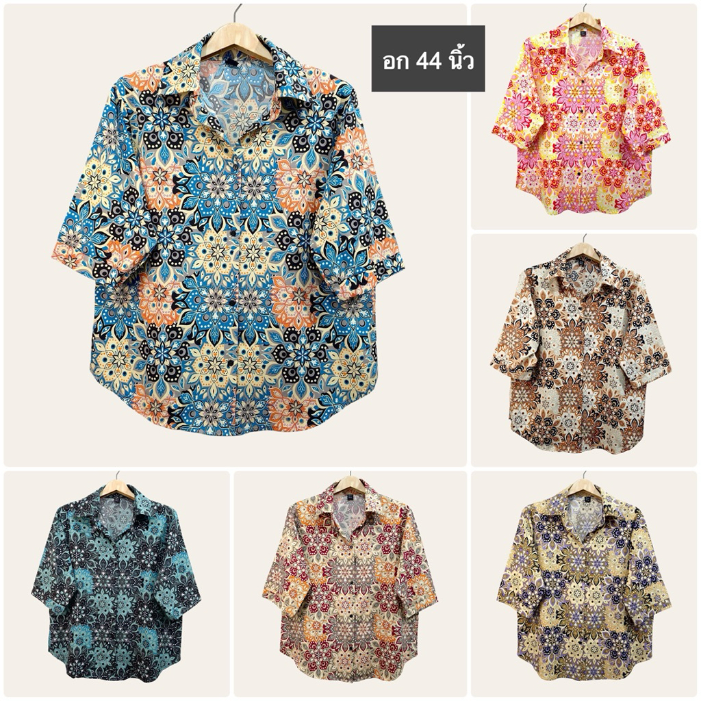(อก 44”) เสื้อเชิ้ต เเขนสามส่วน ผ่าหน้า ลายดอก ผ้าไหมอิตาลี ไม่ต้องรีด