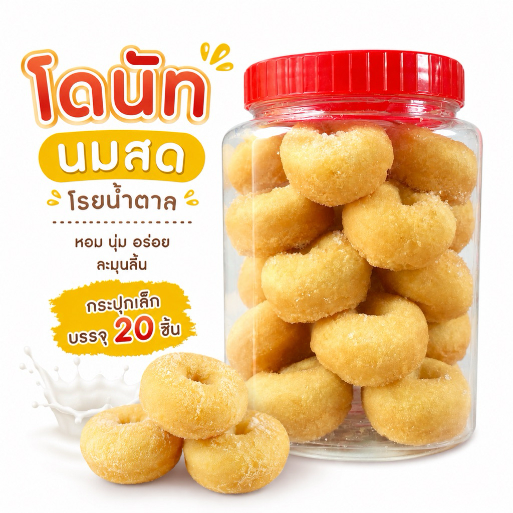ขนมโดนัทนมสด โดนัทโรยน้ำตาล เนื้อนุ่ม หอม อร่อย กระปุกเล็ก บรรจุ20ชิ้น