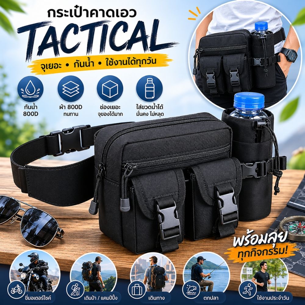กระเป๋าคาดเอว Tactical กันน้ำ 800D ใส่ขวดน้ำได้ รุ่น Outdoor Utility Bag สีดำ