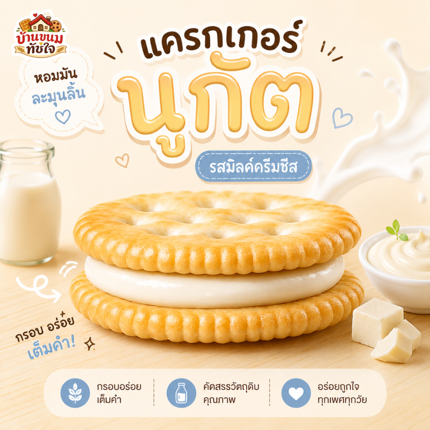 [1 ชิ้น] บ้านขนมทัชใจ แครกเกอร์นูกัต รสมิลค์ครีมชีส กรอบอร่อยนัว ไส้ยืด (ซื้อขั้นต่ำ 5 ชิ้น)