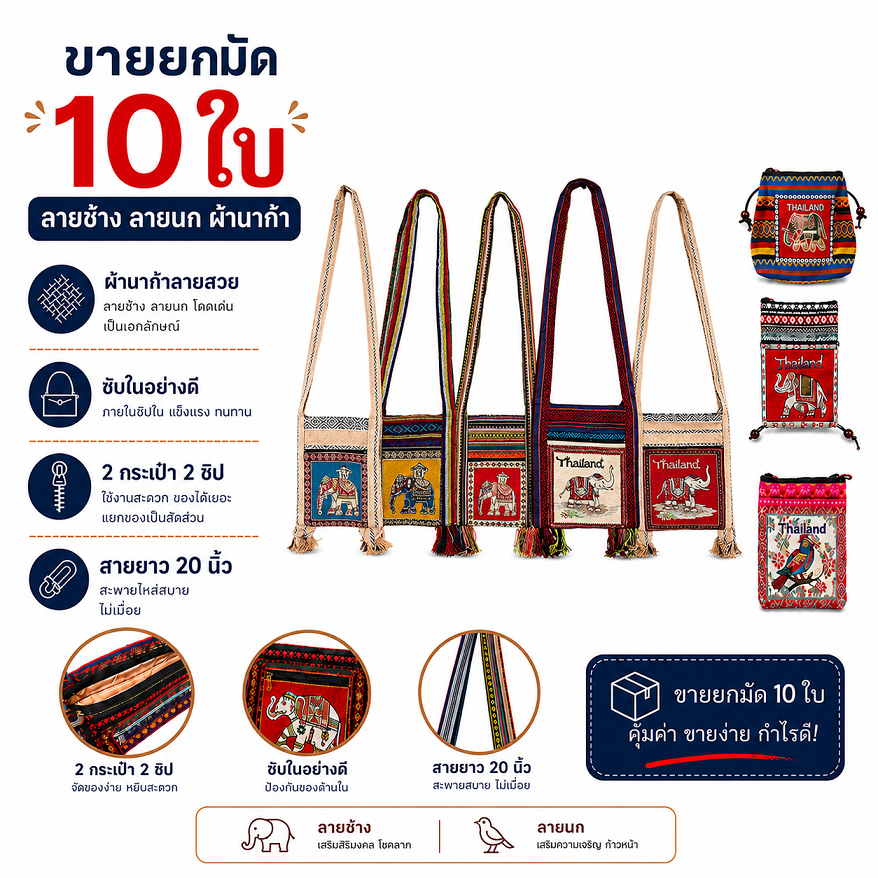 (ยกมัด10ใบ) ย่ามลายช้าง ลายนก (คละลายมากกว่าในรูป )มีผ้าซับใน กระเป๋าย่าม ผ้าพื้นเมือง 2 ช่อง 2 ซิป