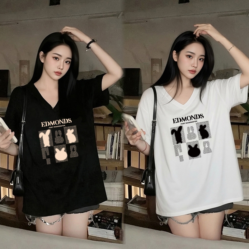 เสื้อยืดแขนสั้นคอวีทรงหลวม ใส่สบาย เหมาะสำหรับสาวไซส์ใหญ่ในฤดูร้อนนี้ ช่วยให้ดูผอมเพรียว วัยรุ่น และเก๋ไก๋อย่างเป็นธรรมช