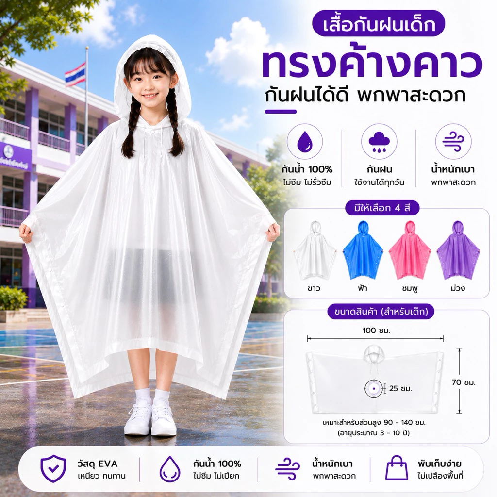 เสื้อกันฝนเด็กทรงค้างคาว EVA กันน้ำ 100% แบบสวม พร้อมฮู้ด น้ำหนักเบา