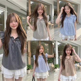 (อก28-38) เสื้อโบว์ผูกหน้าสไตล์เกาหลี แขนระบายทรงปล่อยทรงหลวมน่ารักสไตล์เกาหลี