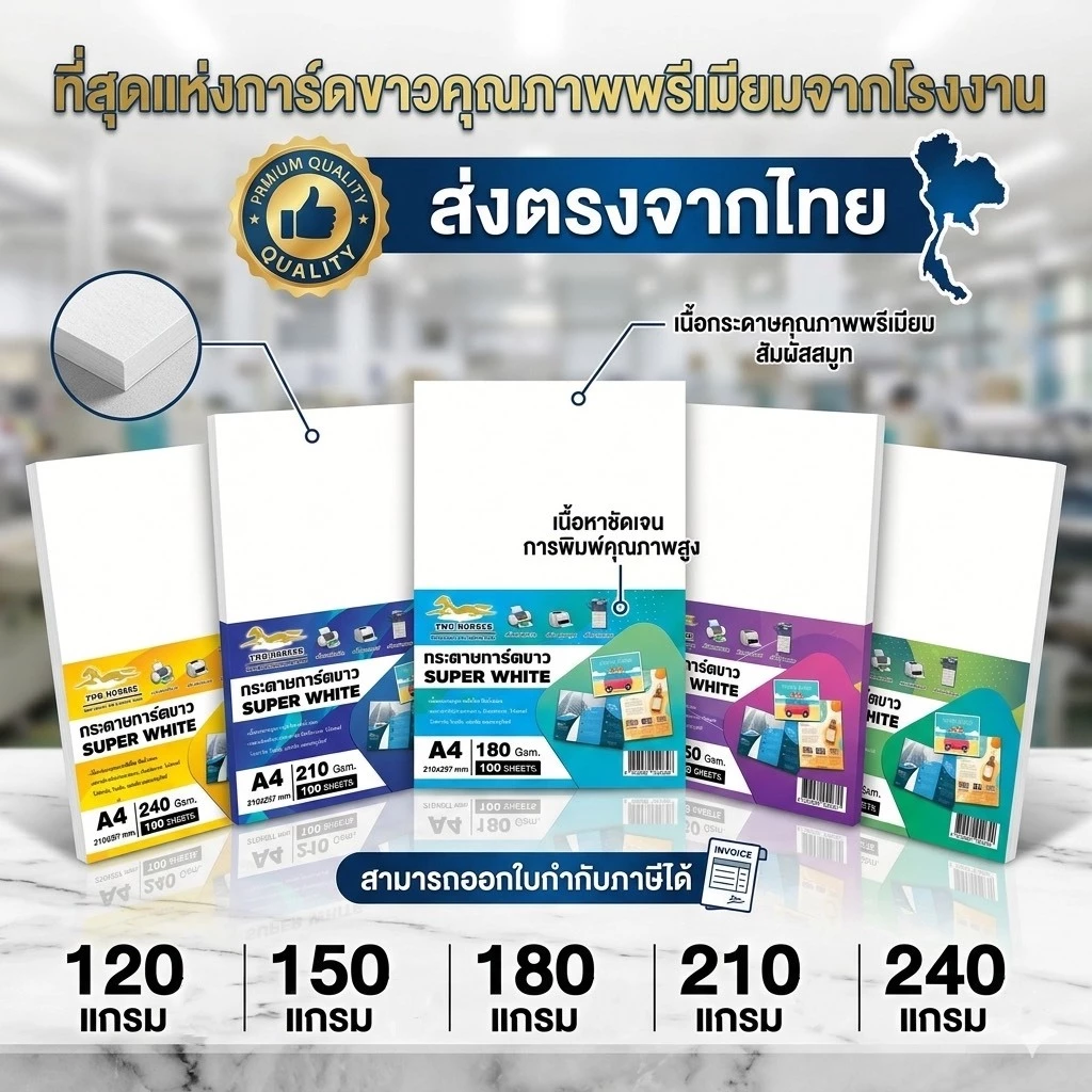 สินค้าราคาโรงงาน ✔️ การ์ดขาว SuperWhite ขาวสว่าง A4 หนา 120,150,180,210,240 แกรม 100 แผ่น