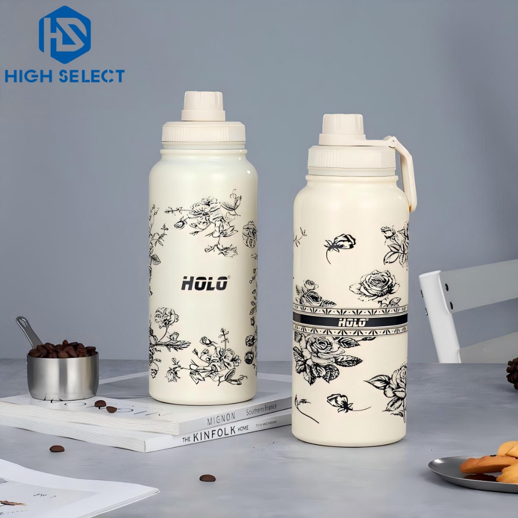 เหล็กกล้าไร้สนิม กระบอกน้ำเก็บอุณหภูมิ แก้วน้ำ 1000 ml ลายสวย มีหูจับ ใช้ได้ทั้งร้อนและเย็น