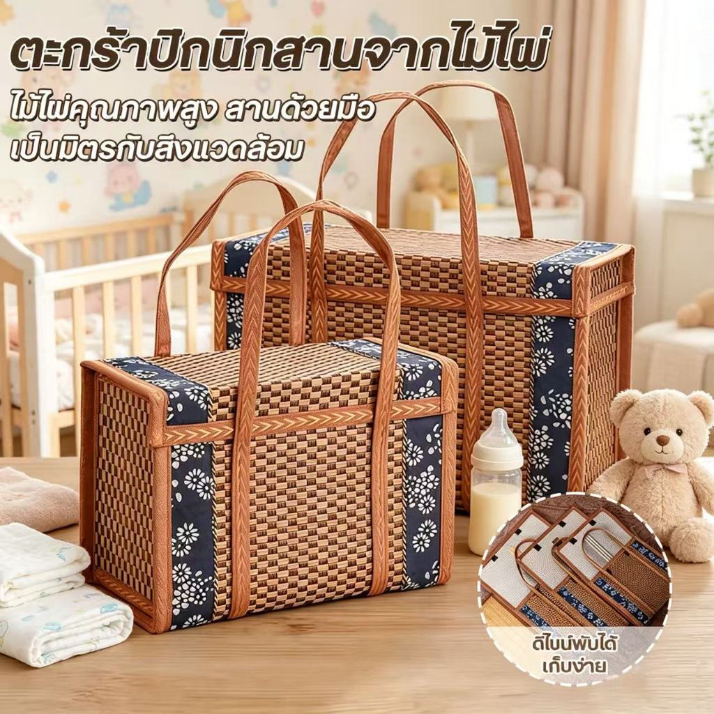 ตะกร้าสานจากไม้ไผ่พับได้ กระเป๋าเก็บของสำหรับใช้ภายนอกอาคารสำหรับเด็ก มีหูหิ้ว ตะกร้าปิกนิกสาน สามารถใส่กระป๋องนมผง เสื้