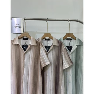 N130 เสื้อเชิ้ตแขนสั้นผู้ชาย ลายทางไล่เฉดสีเอิร์ธโทน ผ้าโปร่งทอพิเศษสไตล์เกาหลี
