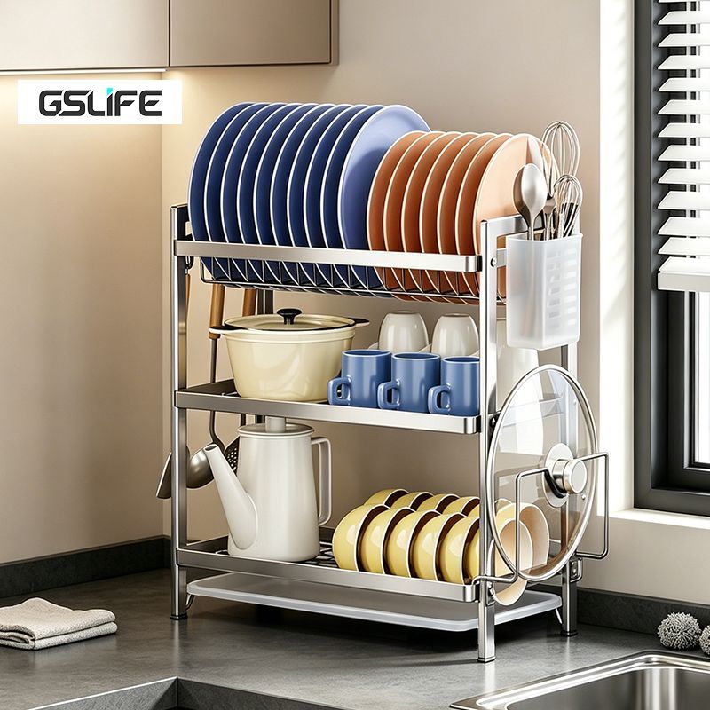 GSlife ที่วางจานสแตนเลสสำหรับตากแห้ง พร้อมถาดรองน้ำ