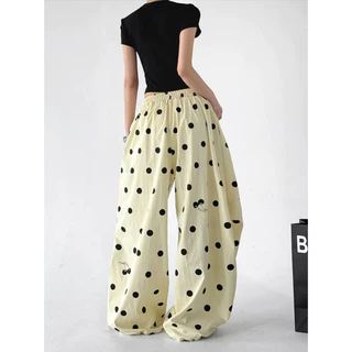 [Summer quick-drying fabric, wave dot printing]สตรีทสปอร์ตลมสบาย ๆ บางเต็มพิมพ์ผู้หญิงเต้นรำกางเกงขากว้าง