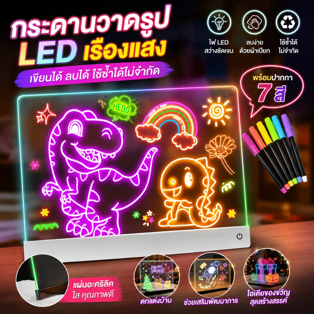 JQTH NEW กระดานวาดรูปเรืองแสงสำหรับเด็กแบบ DIY ลบได้ กันรอยขีดข่วน ชาร์จไฟได้ ของเล่นทำมือ กระดานเขียน ไฟกลางคืน