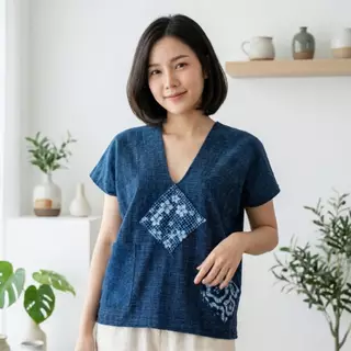 เสื้อคอกะเหรี่ยง ชุดเดรสคอกะเหรี่ยง ผ้าฝ้ายย้อมคราม ทำสโตนวอช