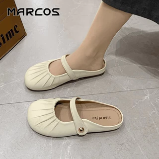 MARCOS รองเท้าแตะผู้หญิง แมรี่เจน ดีไซน์ร่องรอย สีขาว/ดำ ส้นแบน ใส่สบาย กันลื่น สไตล์เกาหลี ลำลอง สำหรับทุกโอกาส