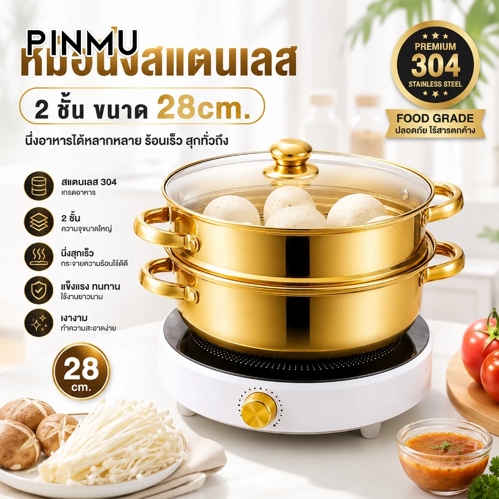 PINMU หม้อนึ่งสแตนเลส2ชั้น สีทอง พร้อมฝาปิด ขนาด28cm ใช้กับเตาแม่เหล็กไฟฟ้าได้ นึ่งขนม/นึ่งปลา/นึ่งผัก