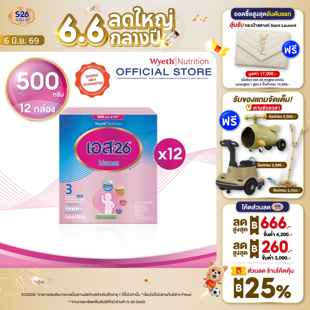 S-26 Progress 500g นมผง เอส-26 โปรเกรส 500g (สูตร 3) Pack 12 กล่อง