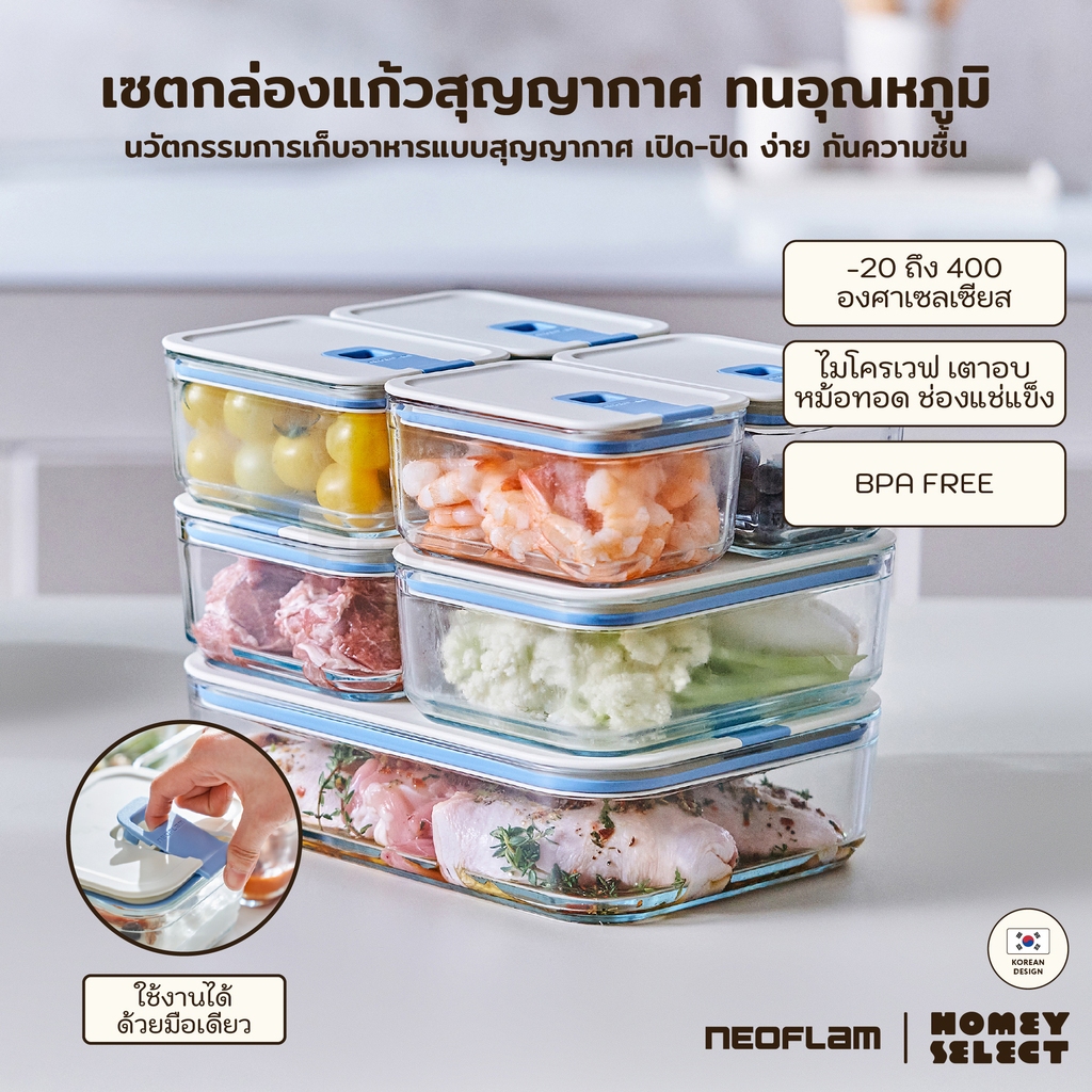 [ชุดเซตพิเศษ] Neoflam Perfect Seal กล่องแก้วสุญญากาศ โมดูล่า VACUUM BOROSILICATE GLASS เข้าไมโครเวฟ เตาอบได้ทนร้อน