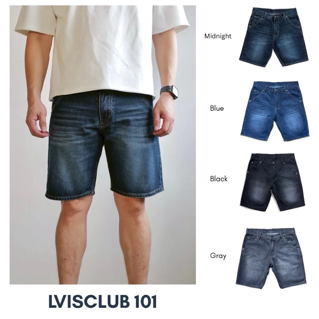 LVISCLUB 101 กางเกงยีนส์ขาสั้นทรงกระบอกผ้าไม่ยืดเป้าซิปฟอกเฟดสสวยนุ่มใส่สบาย
