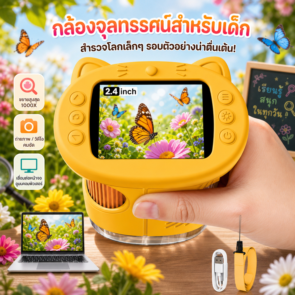 กล้องจุลทรรศน์ดิจิตอลสำหรับเด็ก 50X-1000X หน้าจอ HD 2.4 นิ้ว 1080P พร้อมไฟ LED 8 ดวง ถ่ายรูป/วิดีโอได้ ของเล่นวิทยาศาส