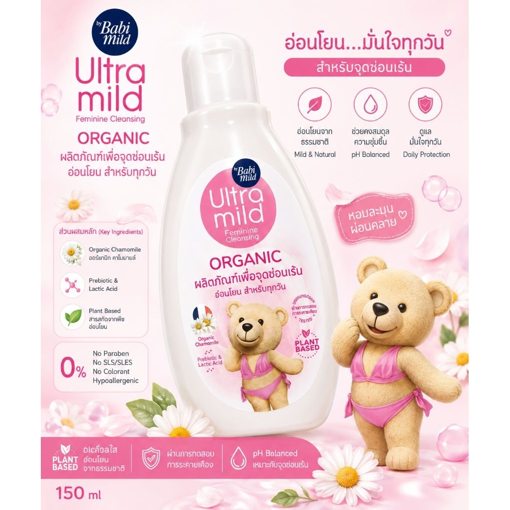 Exp:08/28 BabiMildUltraMild Feminine Cleansing 150ml เบบี้มายด์ อัลตร้ามายด์เฟมินีน คลีนซิ่งทำความสะอาดจุดซ่อนเร้น