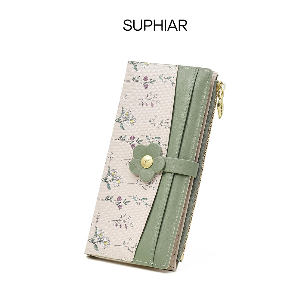 SUPHIAR กระเป๋าสตางค์ผู้หญิงยาว แบบบาง ลายดอกไม้เล็ก RFID กระเป๋าใส่บัตรหลายช่อง ซิป ใส่เหรียญ หนัง PU วีแกน