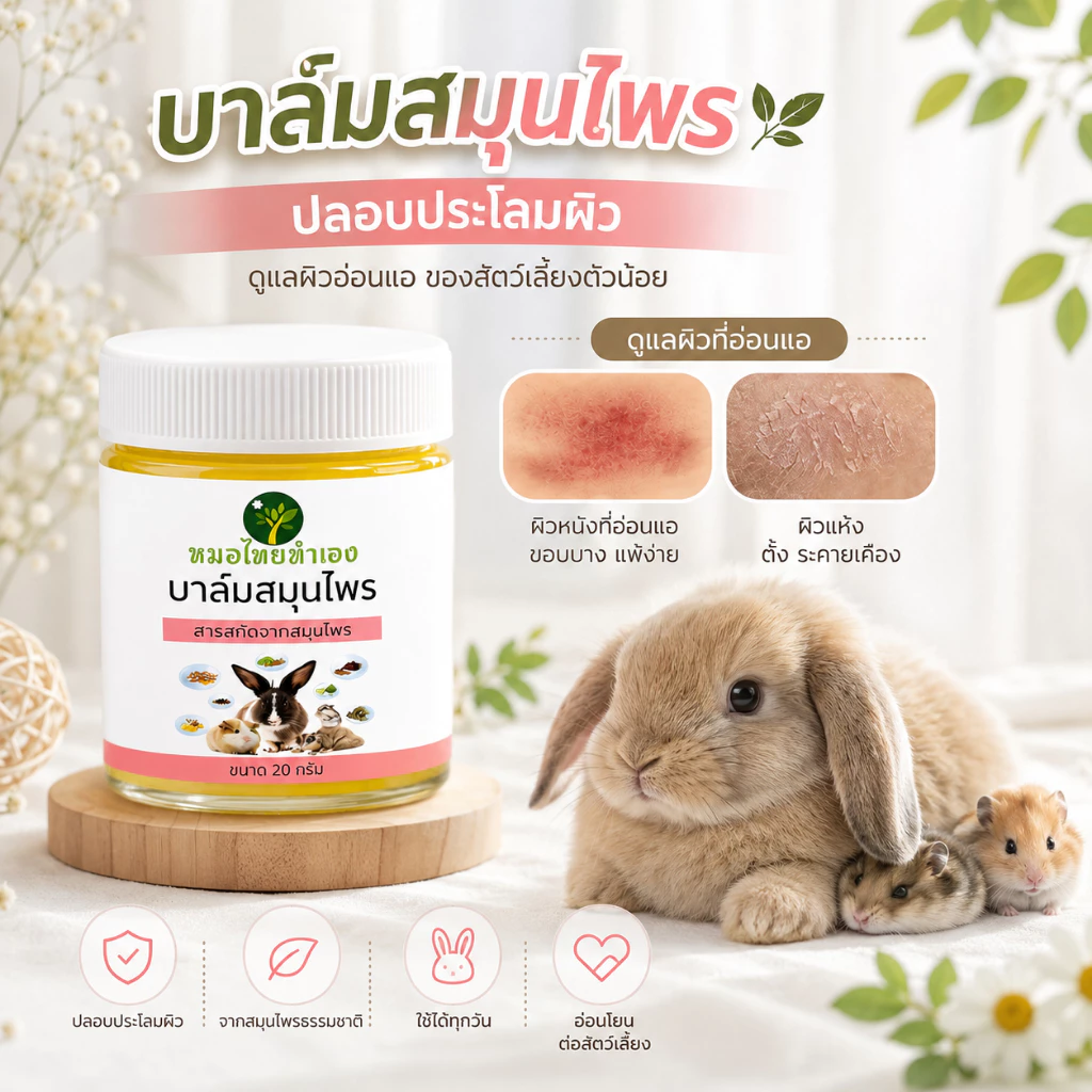 บาล์มสมุนไพรกระต่าย ดูแลผิวหนังสัตว์เลี้ยง ที่มีปัญหา 20 กรัม กระรอก แกสปี้ แฮมเตอร์ หมอไทยทำเอง