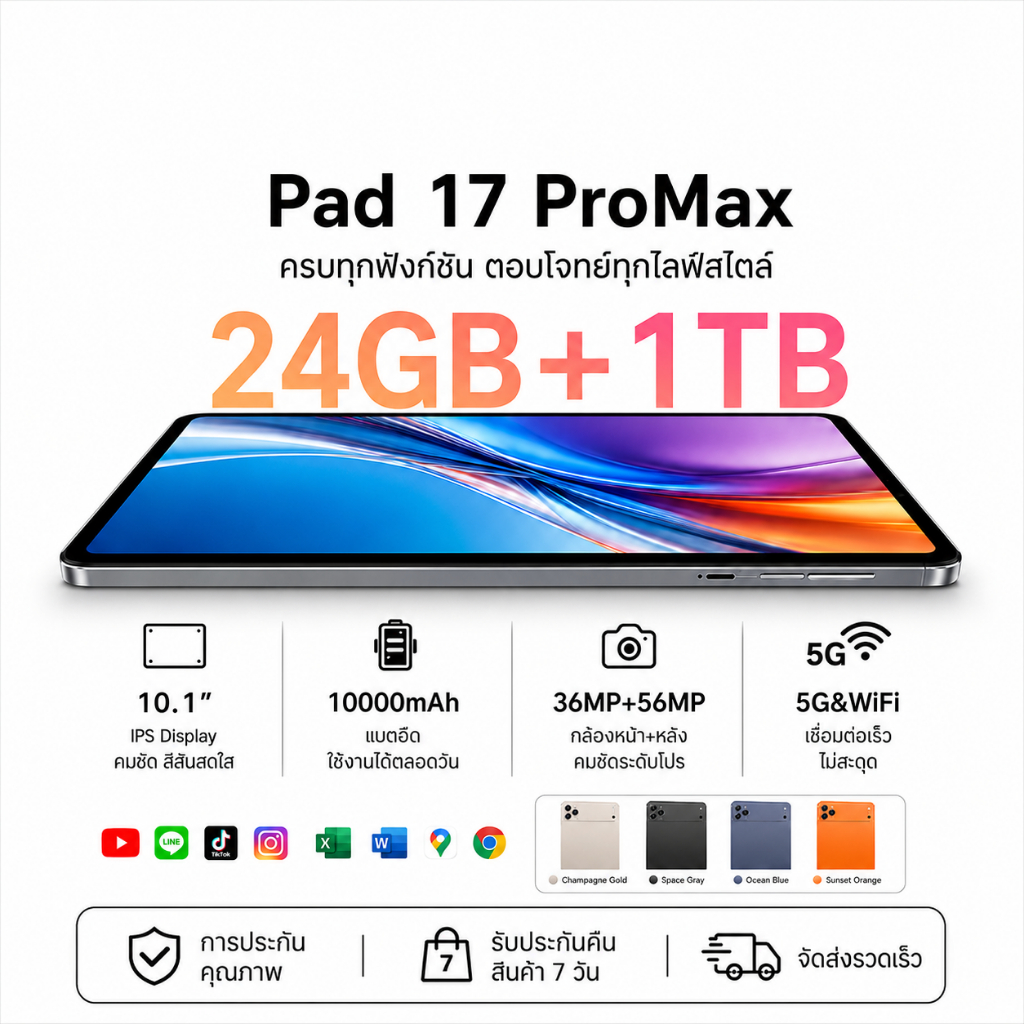 [2026 New Model] รุ่นล่าสุด Pad 17 Promax Tablet SIM4G/5G+WiFi 24GB+1024GB Android 16 ประกัน 5ป