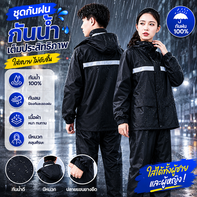 ☔ ทนทาน 10 ปี ☔ ชุดเสื้อกันฝน เสื้อกันฝนผู้ใหญ่ ไซส์ L-4XL กระบังหน้า 2 ชั้น มีแถบสะท้อนแสงสูง