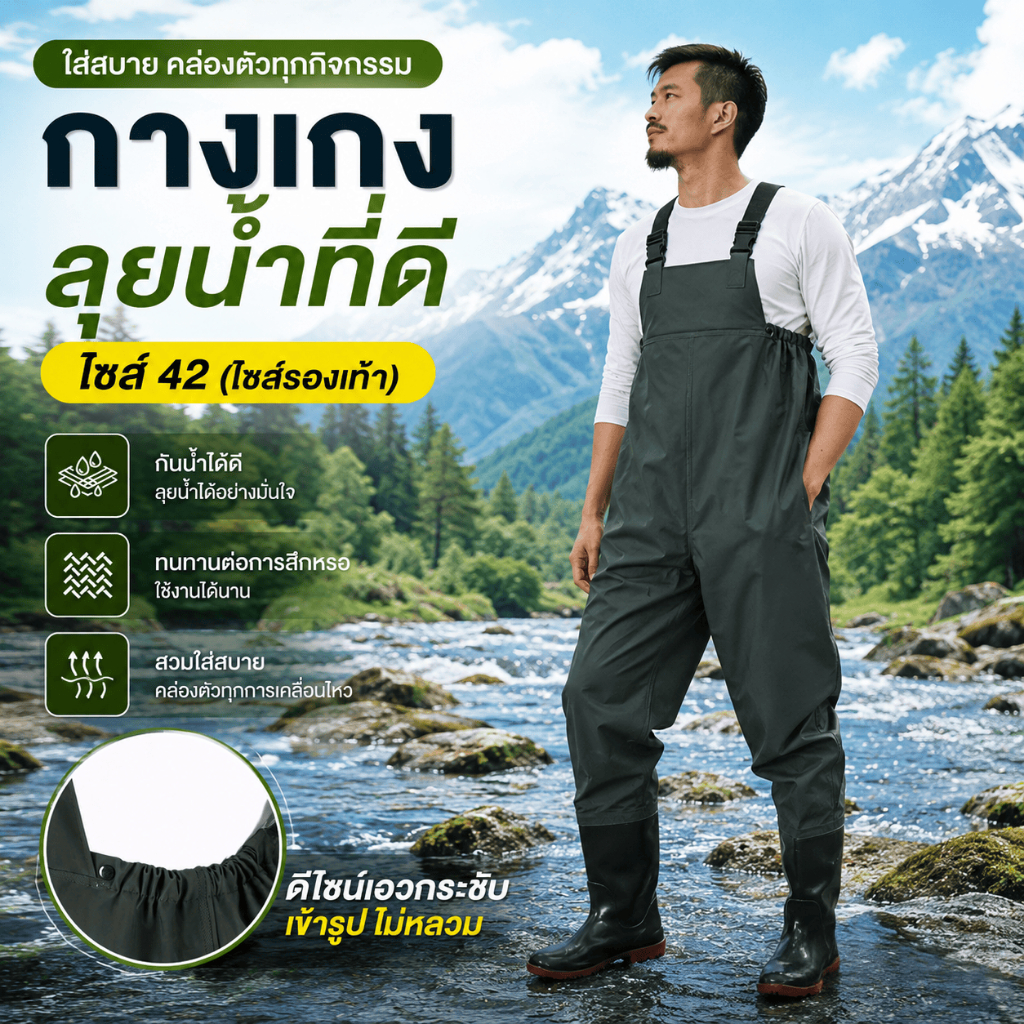 กางเกงลุยน้ำ กันน้ำ 100% Wading Pants สำหรับตกปลา งานเกษตร ลุยโคลน ฟาร์มกุ้ง ปรับสายได้ ใส่สบาย ทนทาน