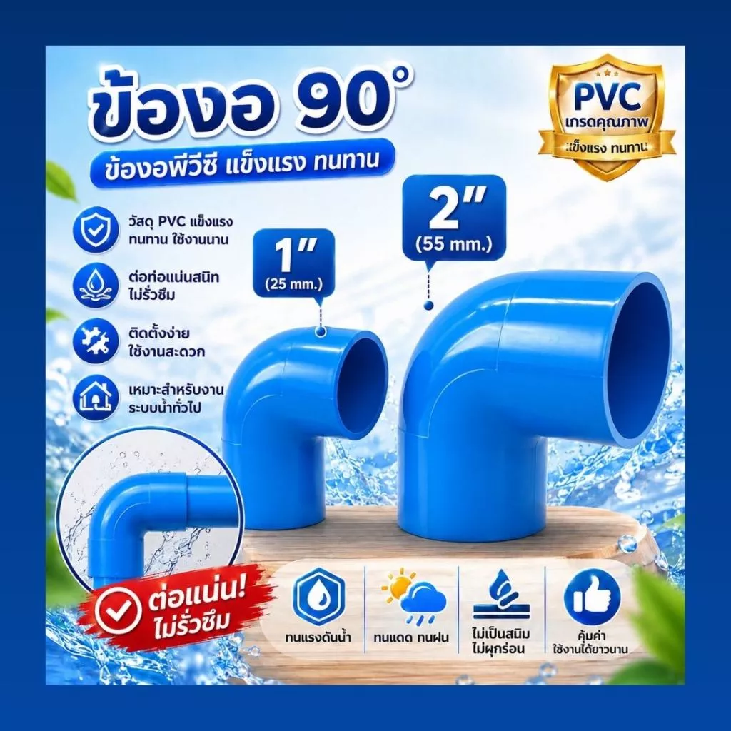 ข้องอ PVC 90 องศา ขนาด 1"(1 นิ้ว) (แพค 25/50 ตัว), 2" (2 นิ้ว) สีฟ้า (แพค 10/20 ตัว) แข็งแรง ทนทาน สำหรับงานประปา