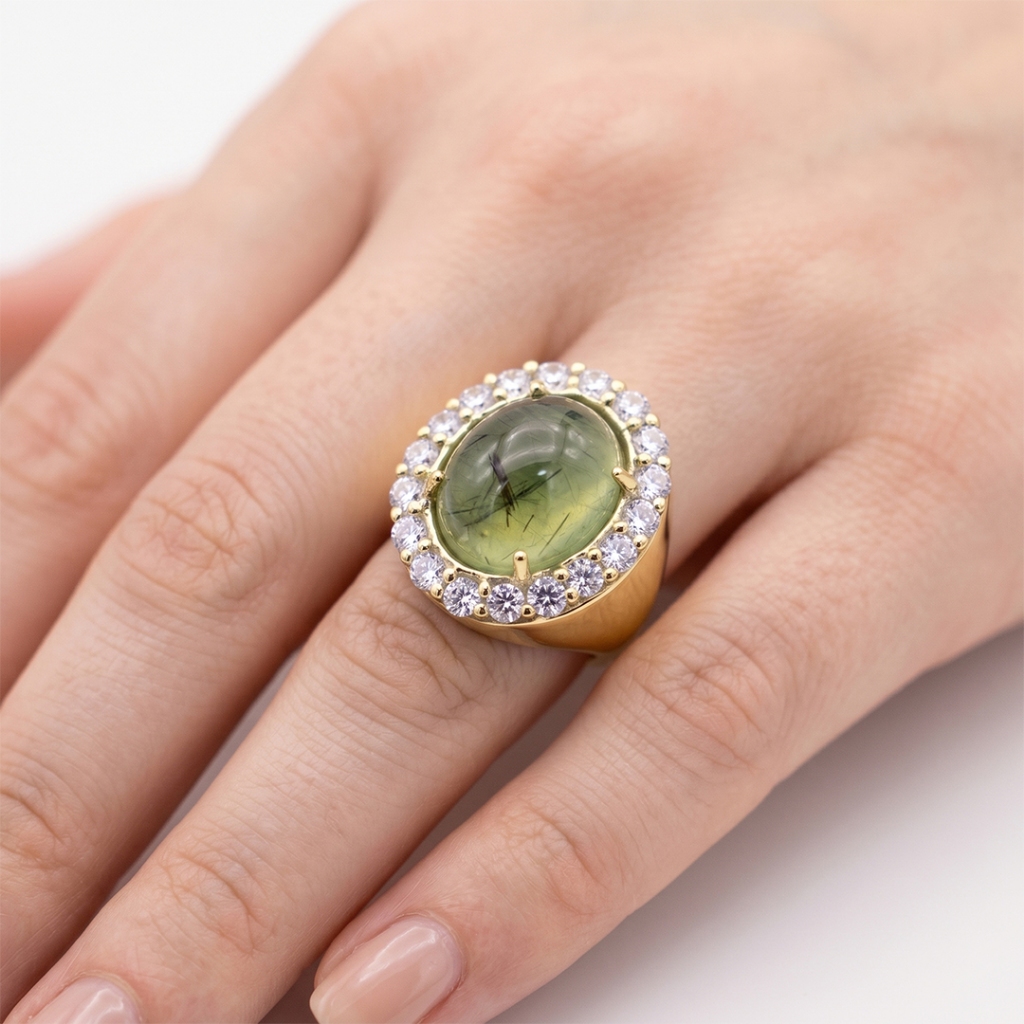 แหวนพลอยพรีไนต์ (Prehnite) ตัวเรือนCopper ผสมเงิน ชุบทอง (สามารถโดนน้ำและโดนแอลกอฮอล์ได้)ไซด์นิ้ว 59 หรือ เบอร์ 9 US