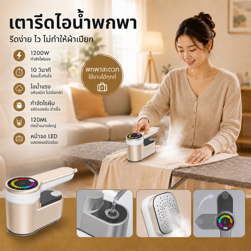รับประกัน 3ปี 1200Wเตารีดพกพา พลังงานสูง  รีดแห้งและไอน้ำ 2in1 ร้อนเร็ว 10 วินาที เปีย