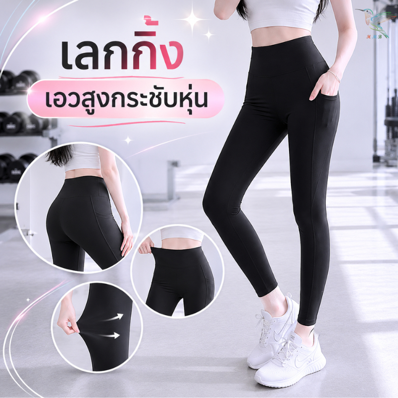 HMB® กางเกงเลกกิ้ง 9ส่วน กางเกงขายาวเลกกิ้งผู้หญิง สีดำล้วน แต่งกระเป๋าข้าง ผ้าคอตตอนผสมสเปนเด็ก ใส่