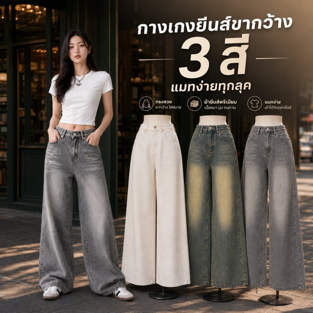 กางเกงยีนส์ขากว้างผู้หญิง Solene ทรงหลวมพรางขา เอวสูง ผ้ายีนส์ฟอกวินเทจ 3 สี แมทง่าย สไตล์เกาหลี Wide Leg Jeans