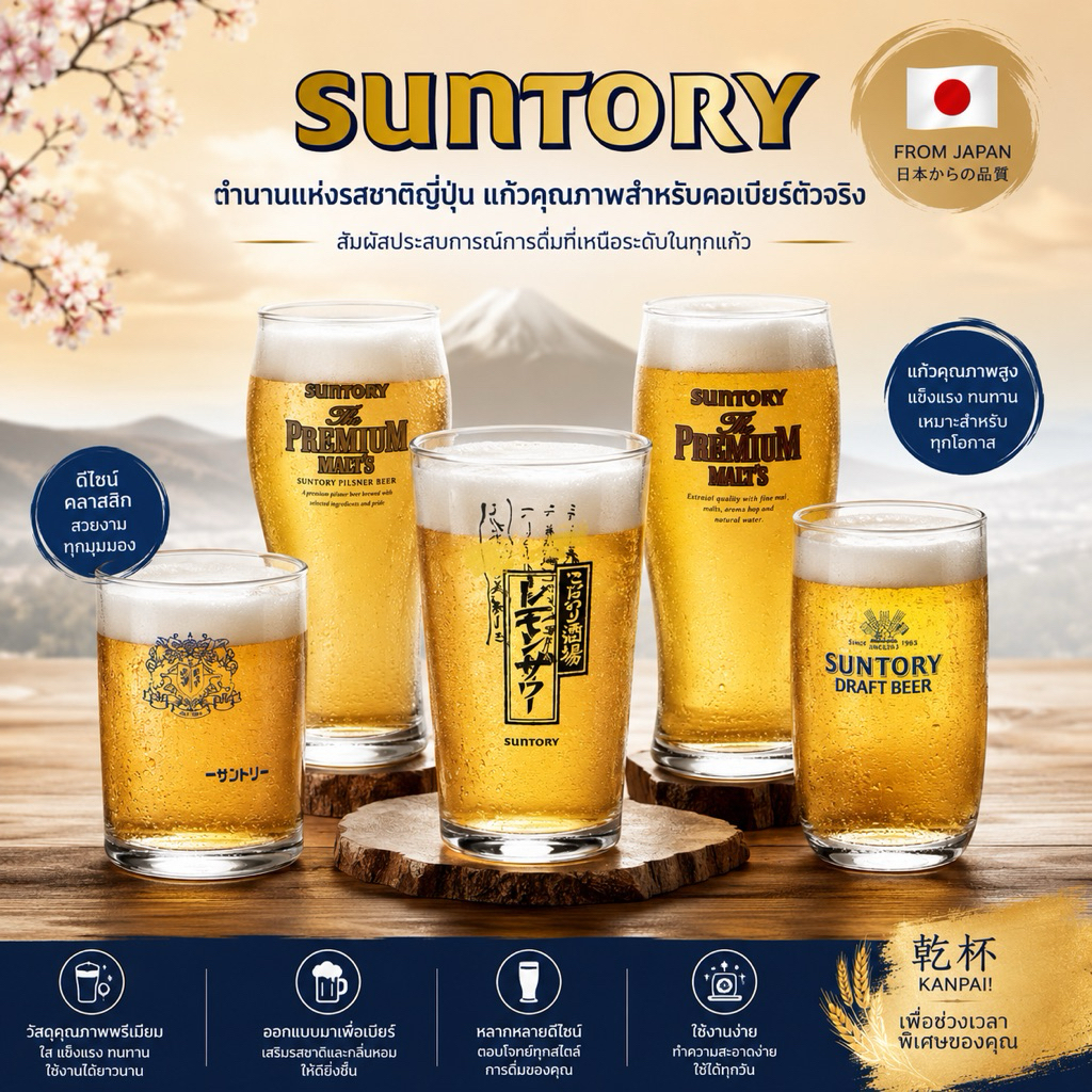 ของแท้! แก้ว Suntory แก้วเบียร์ญี่ปุ่น แก้วช็อตเบียร์ญี่ปุ่น แบรนด์ Suntory ของแท้จากประเทศญี่ปุ่น